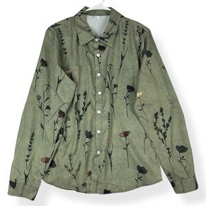 Womens Graphic Button Down Shirt Size L Large Green Floral Long Sleeves